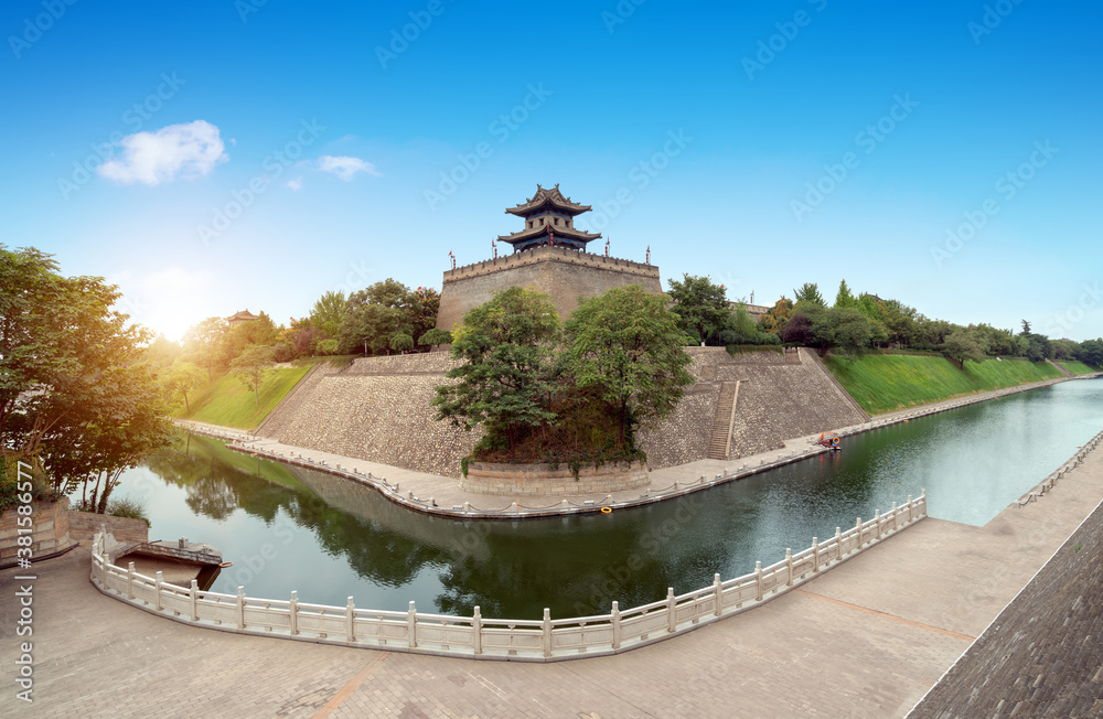 The corner tower of the ancient city wall of the Ming Dynasty was built in 1374 in Xian, China.