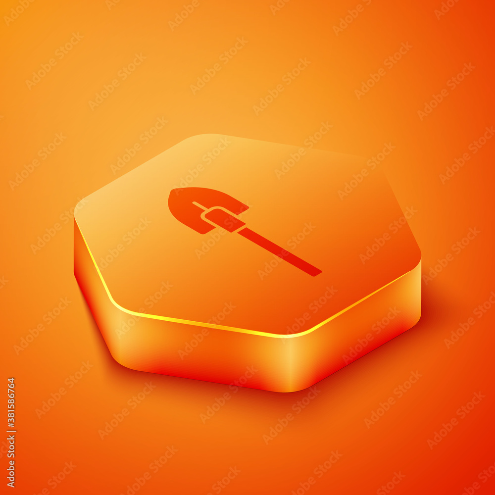 Isometric Shovel icon isolated on orange background. Gardening tool. Tool for horticulture, agricult