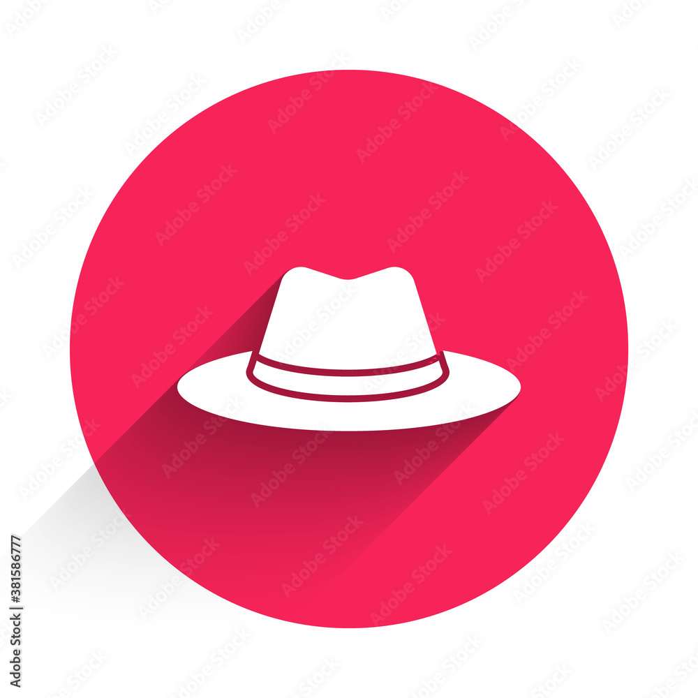 White Western cowboy hat icon isolated with long shadow. Red circle button. Vector.