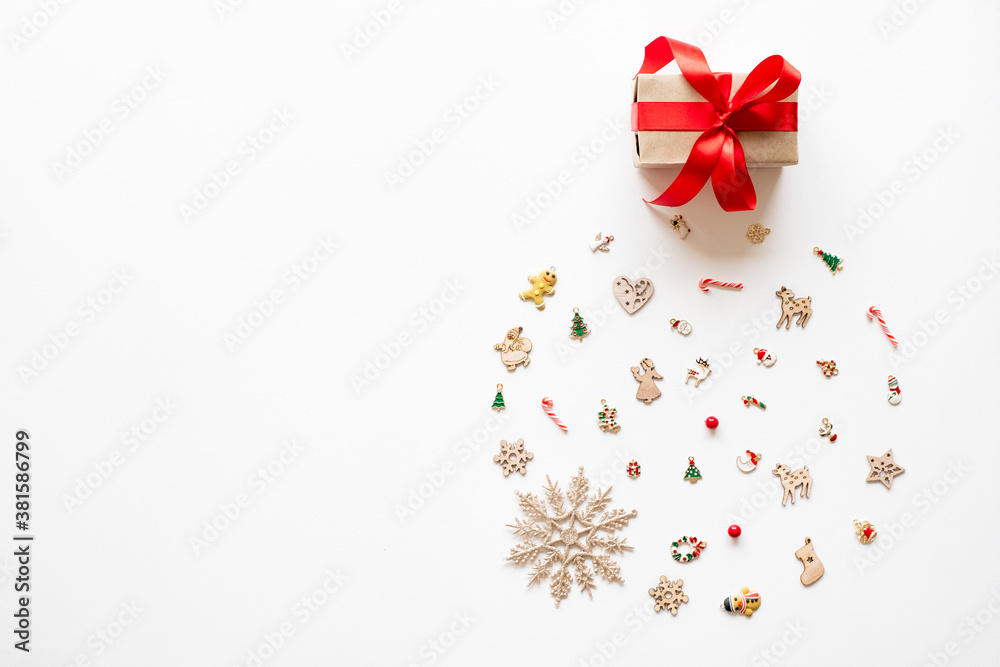 Christmas background, frame with Christmas ball shape and decoration over white background. flat lay