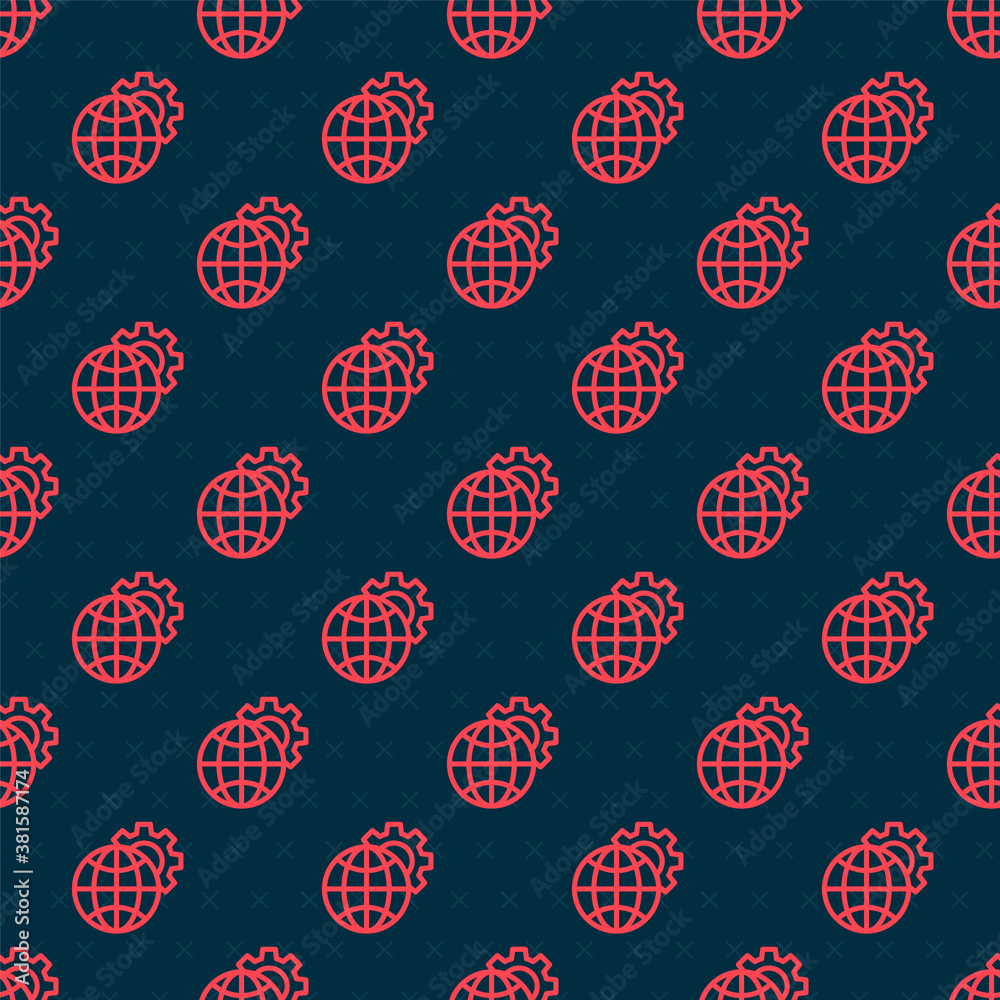 Red line Globe of the Earth and gear or cog icon isolated seamless pattern on black background. Sett