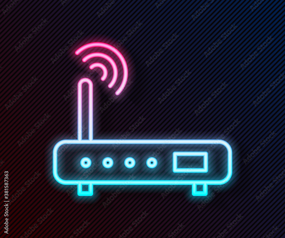 Glowing neon line Router and wi-fi signal icon isolated on black background. Wireless ethernet modem