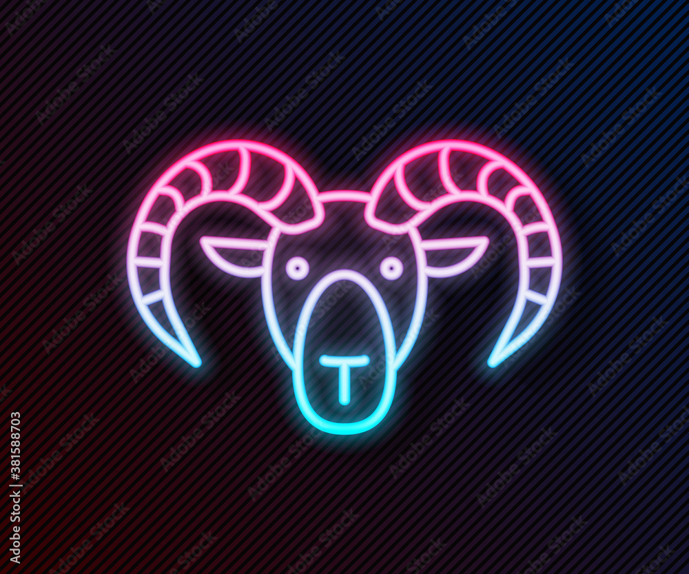 Glowing neon line Head of goat or ram icon isolated on black background. Mountain sheep. Animal symb