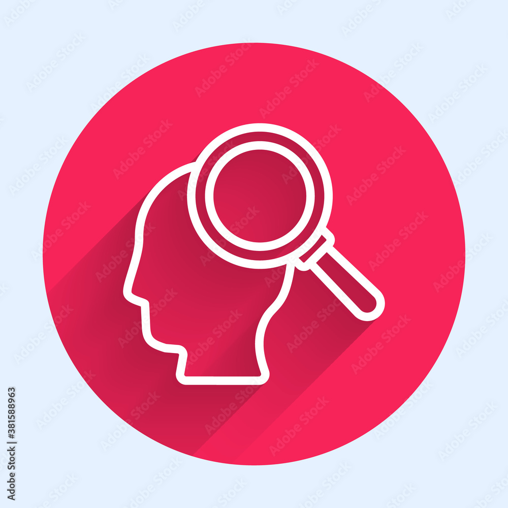 White line Finding a problem in psychology icon isolated with long shadow. Red circle button. Vector