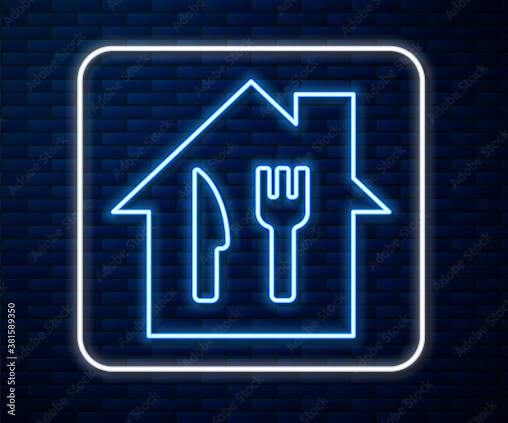 Glowing neon line Online ordering and fast food delivery icon isolated on brick wall background. Vec