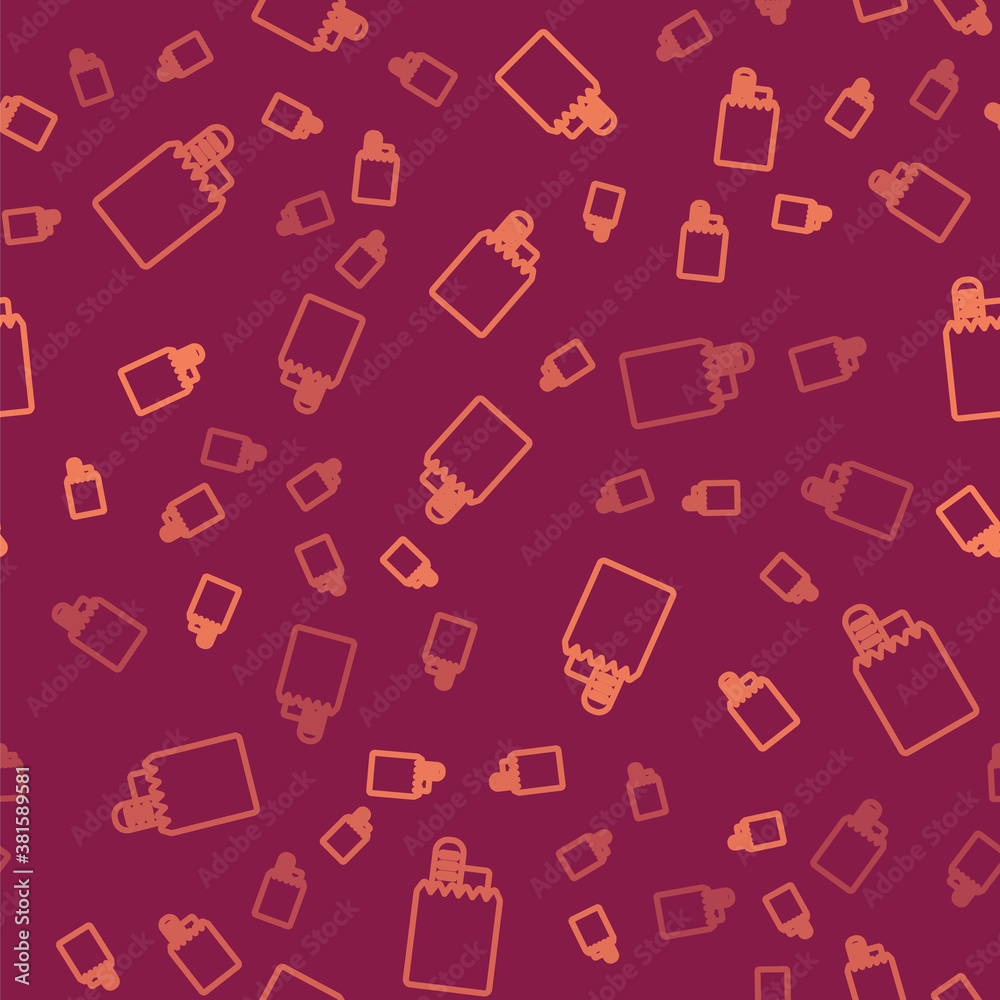 Brown line Online ordering and fast food delivery icon isolated seamless pattern on red background. 