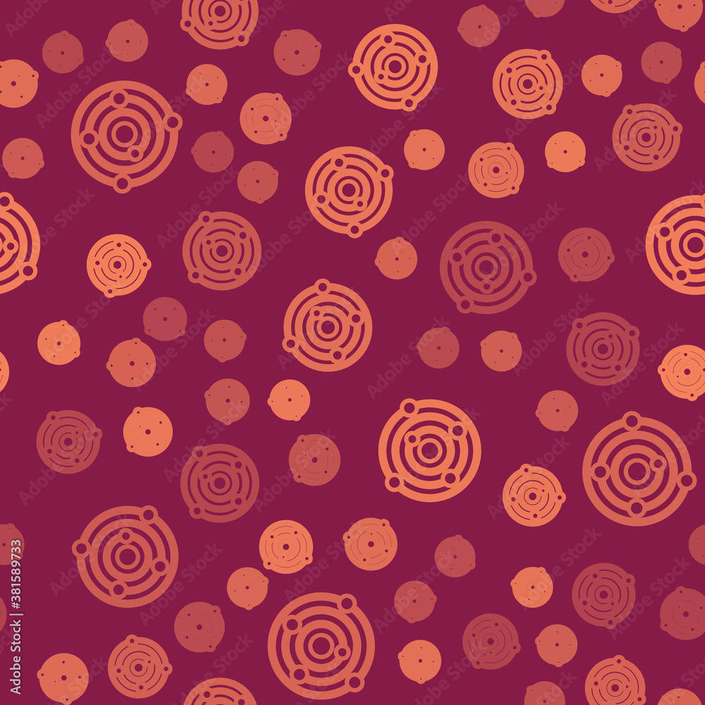 Brown line Solar system icon isolated seamless pattern on red background. The planets revolve around