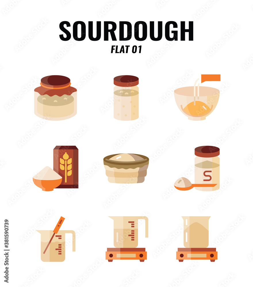 Flat icon set of homemade sourdough bread baking kit and process. icons set1