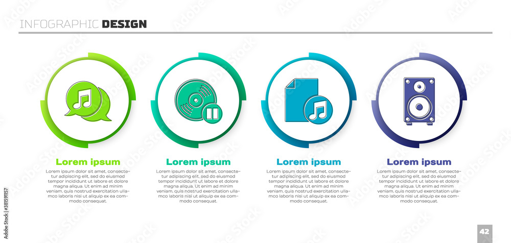 Set Musical note in speech bubble, Vinyl disk, Music book with note and Stereo speaker. Business inf