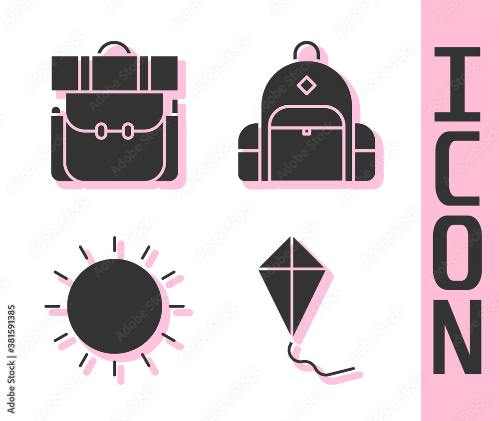 Set Kite, Hiking backpack, Sun and Hiking backpack icon. Vector.