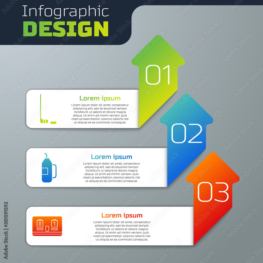 Set Ice hockey stick and puck, Fitness shaker and Hockey mechanical scoreboard. Business infographic