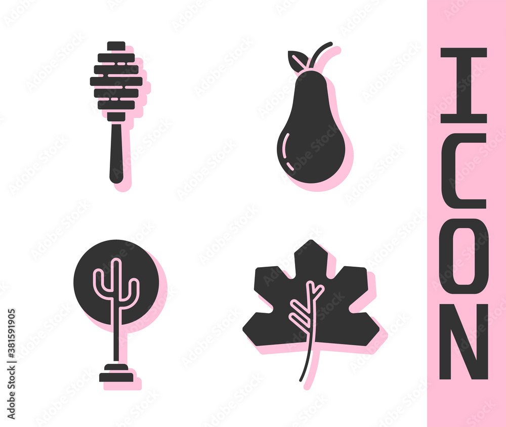 Set Leaf or leaves, Honey dipper stick, Tree and Pear icon. Vector.