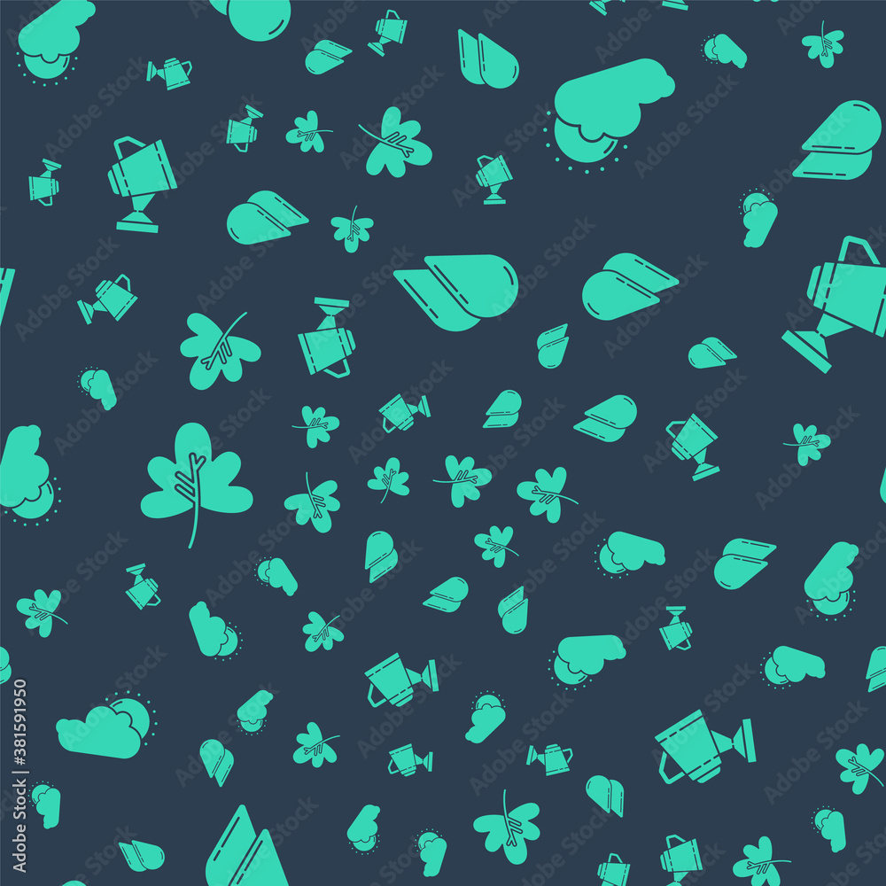 Set Water drop, Sun and cloud weather, Leaf or leaves and Watering can on seamless pattern. Vector.