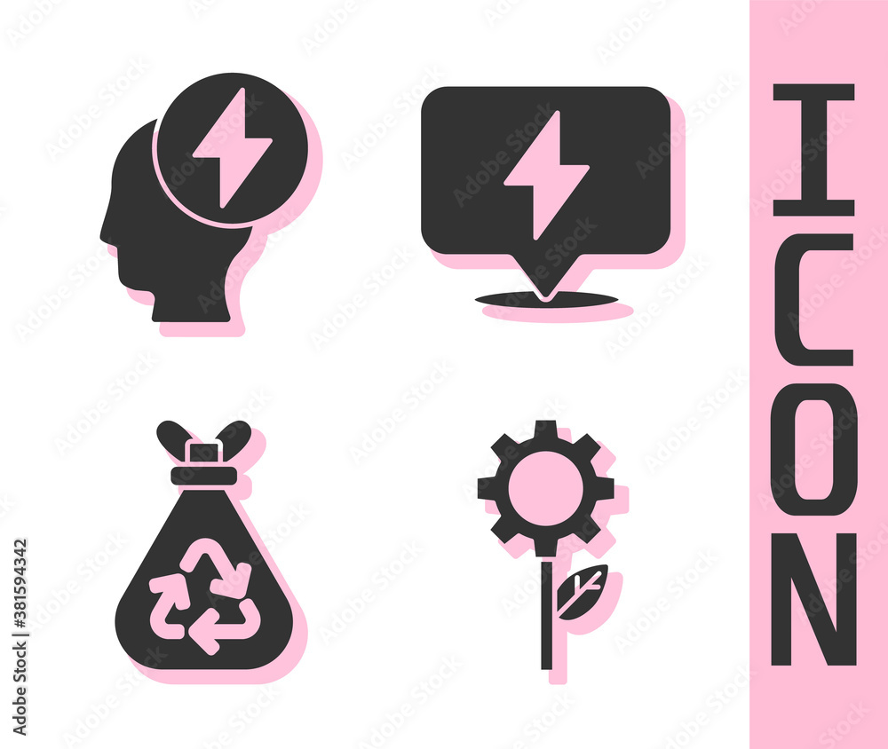 Set Leaf plant in gear machine, Head and electric symbol, Garbage bag with recycle and Lightning bol