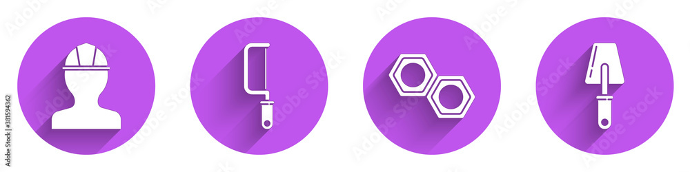 Set Worker safety helmet, Hacksaw, Hexagonal metal nut and Trowel icon with long shadow. Vector.