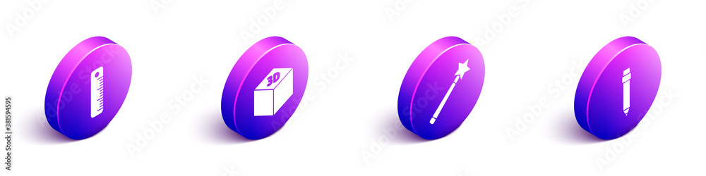 Set Isometric Ruler, Isometric cube, Magic wand and Pencil with eraser icon. Vector.