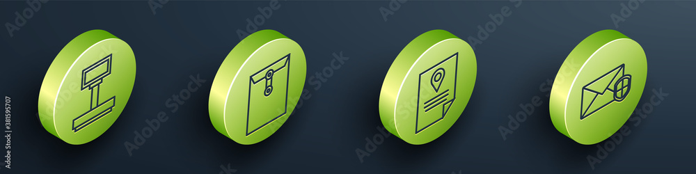 Set Isometric Scale, Envelope, Document tracking marker system and Envelope with shield icon. Vector