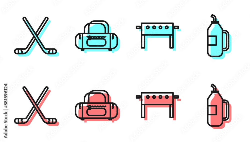 Set line Hockey table, Ice hockey sticks, Sport bag and Fitness shaker icon. Vector.