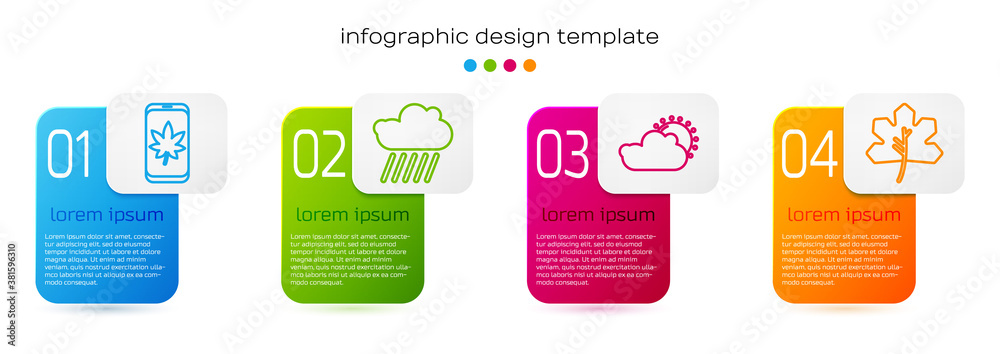 Set line Leaf on mobile phone, Cloud with rain, Sun and cloud weather and Leaf or leaves. Business i