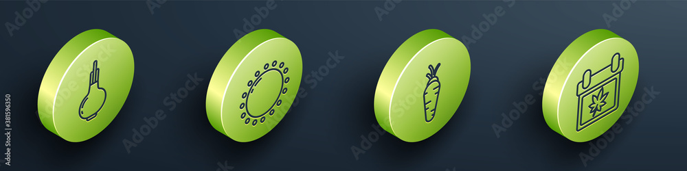 Set Isometric Onion, Sun, Carrot and Calendar with autumn leaves icon. Vector.