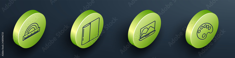 Set Isometric Protractor, Paper towel roll, Laptop and Palette icon. Vector.