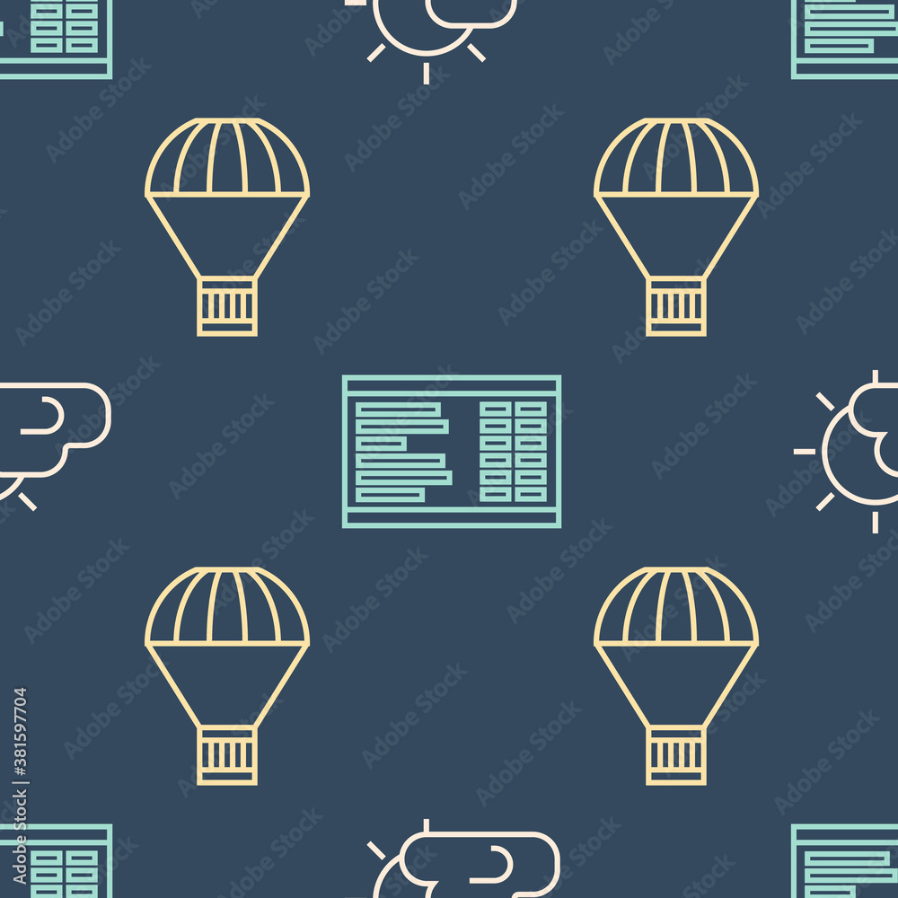 Set line Sun and cloud weather, Box flying on parachute and Airport board on seamless pattern. Vecto