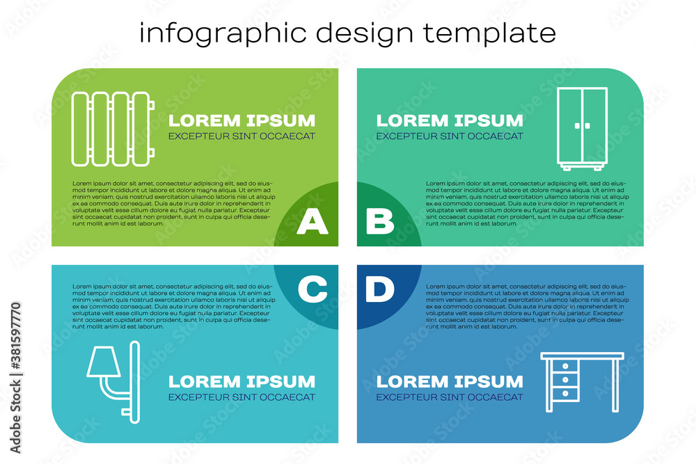 设线壁灯、暖气片、办公桌和衣柜。商业信息图模板。Vec