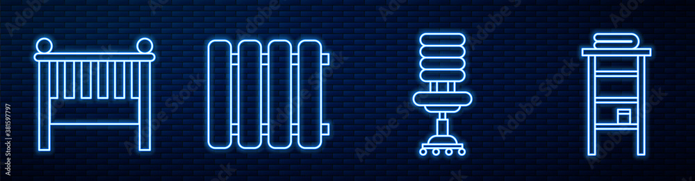 Set line Office chair, Baby crib cradle bed, Heating radiator and Bathroom rack with shelves for tow