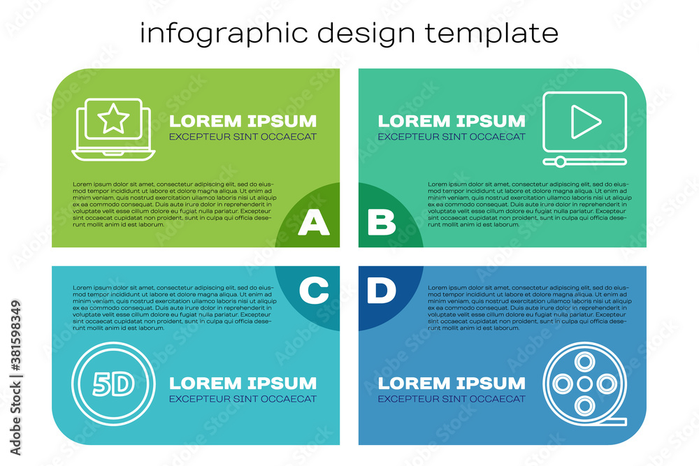 Set line 5d virtual reality, Laptop with star, Film reel and Online play video. Business infographic