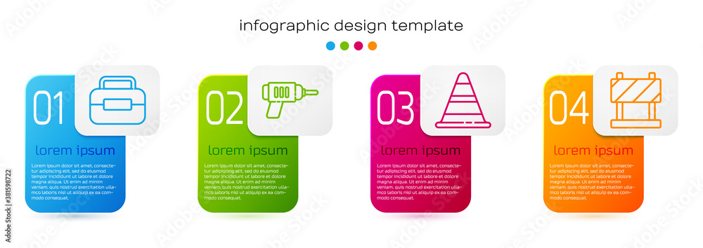 Set line Toolbox，Electric drill machine，Traffic cone and Road barrier。商业信息图templa