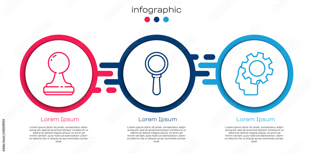 套线邮票、放大镜和内有装备的人头。商业信息图模板。Vec