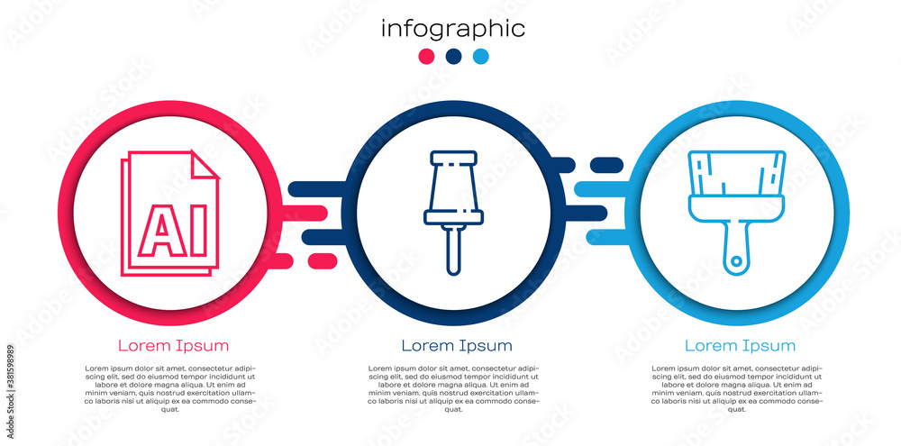 Set line AI file document, Push pin and Paint brush. Business infographic template. Vector.