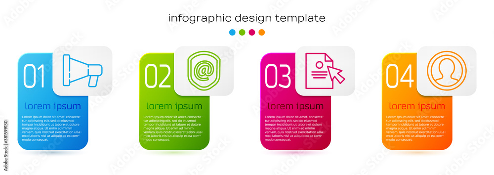 Set line Megaphone, Shield with mail and e-mail, Document and cursor and Create account screen. Busi