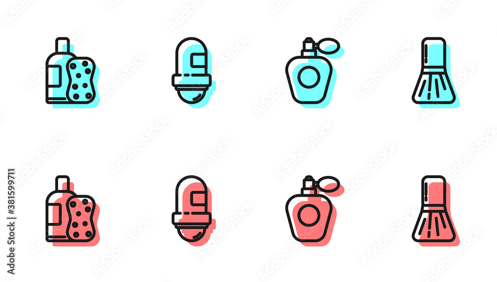 Set line Perfume, Bottle of shampoo and sponge, Antiperspirant deodorant roll and Makeup brush icon.