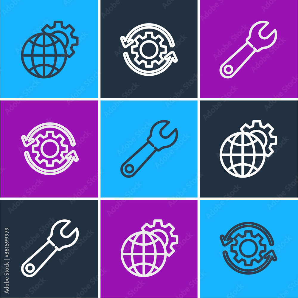 Set line Globe of the Earth and gear, Wrench spanner and Gear arrows as workflow icon. Vector.