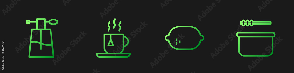 Set line Lemon, Perfume, Cup of tea with tea bag and Sauna bucket and ladle. Gradient color icons. V