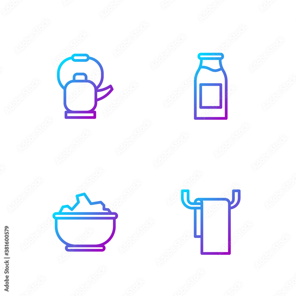 Set line Towel on a hanger, Sea salt in bowl, Kettle with handle and Bottle milk. Gradient color ico