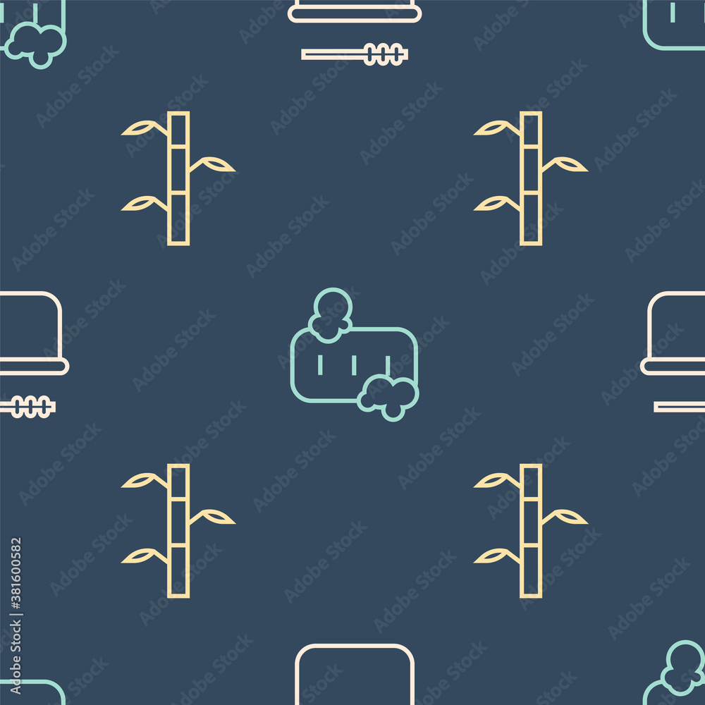 Set line Sauna bucket and ladle, Bamboo stems with leaves and Bar of soap foam on seamless pattern. 