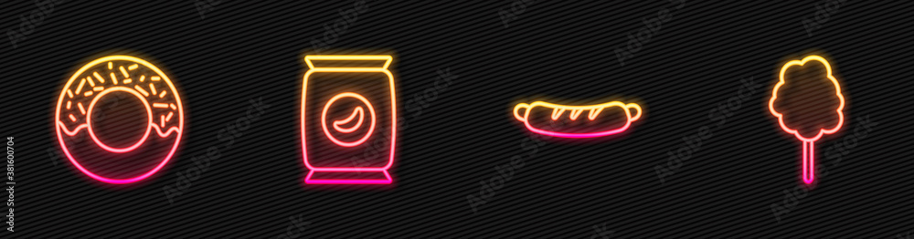 Set line Hotdog sandwich, Donut, Bag or packet potato chips and Cotton candy. Glowing neon icon. Vec