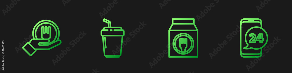 Set line Online ordering and delivery, , Coffee cup to go and Food. Gradient color icons. Vector.