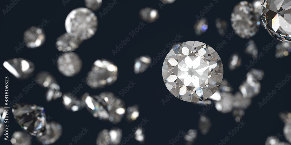 White diamonds group falling soft focus bokeh background 3d