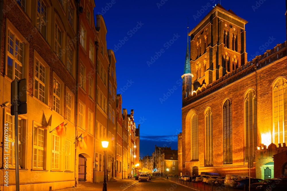 Architecture of St. Marys Basilica in Gdansk at night, Poland