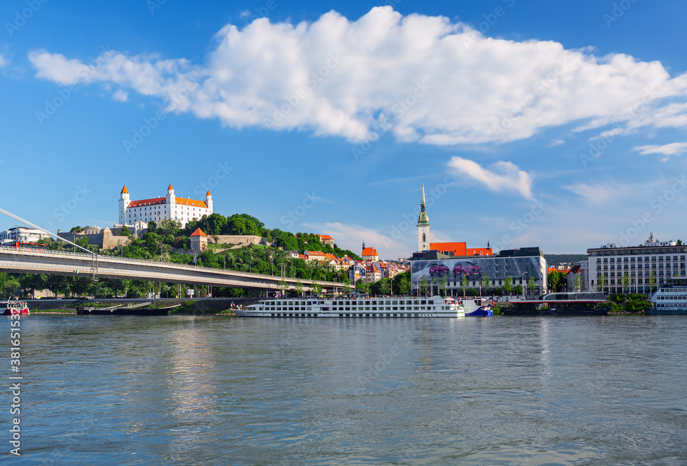 Bratislava castle over Danube river and Bratislava old town, Slovakia