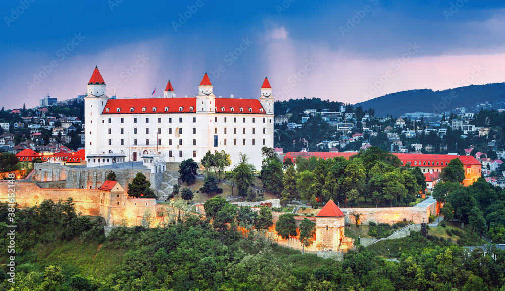 Bratislava castle over Danube river and Bratislava old town, Slovakia