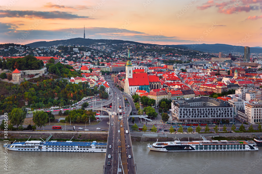 Bratislava castle over Danube river and Bratislava old town, Slovakia