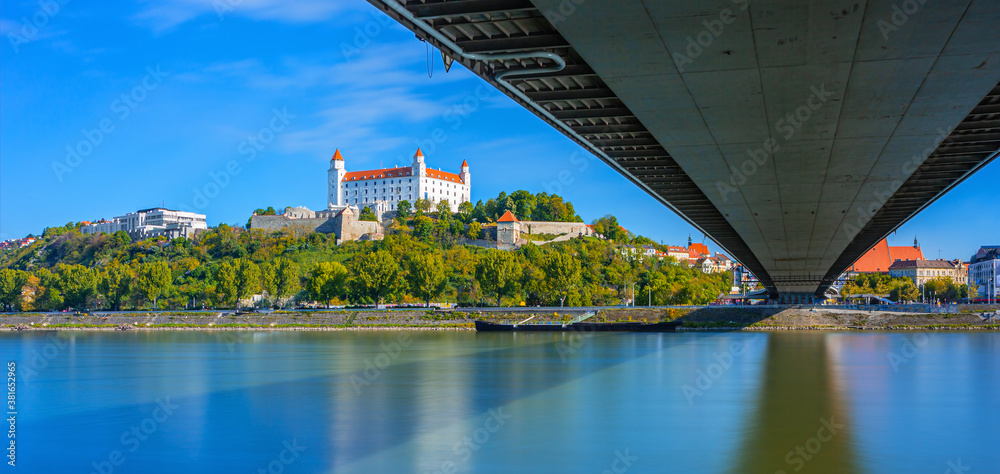 Bratislava castle over Danube river and Bratislava old town, Slovakia