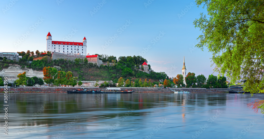 Bratislava castle over Danube river and Bratislava old town, Slovakia