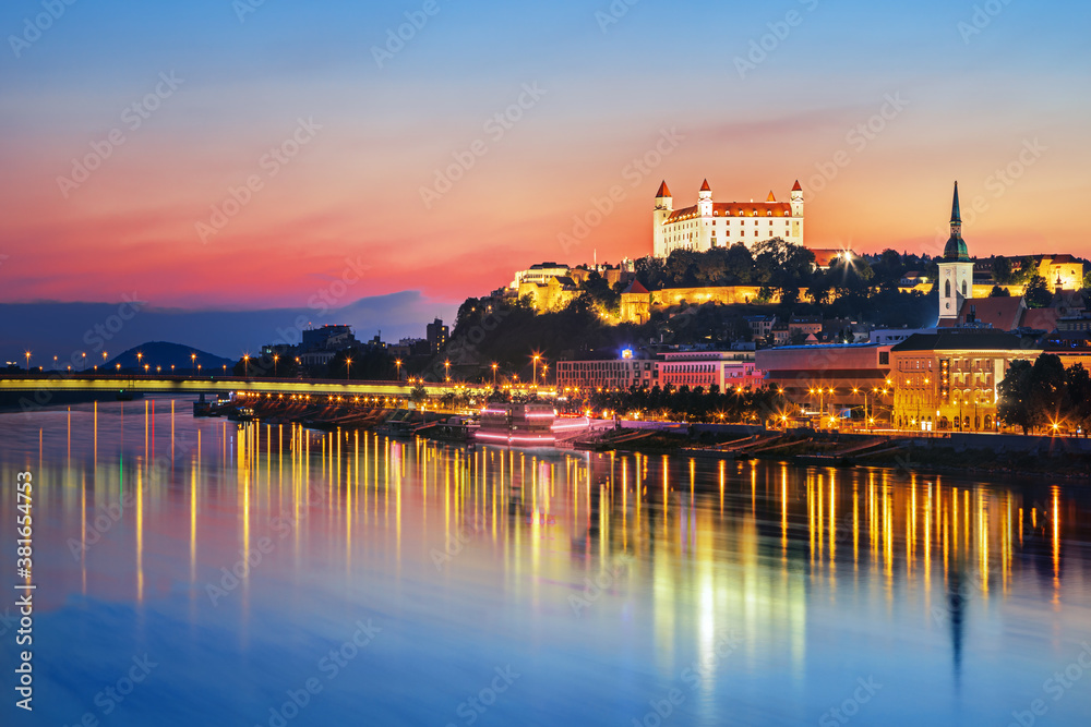 Bratislava castle over Danube river and Bratislava old town, Slovakia