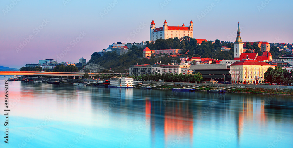 Bratislava castle over Danube river and Bratislava old town, Slovakia