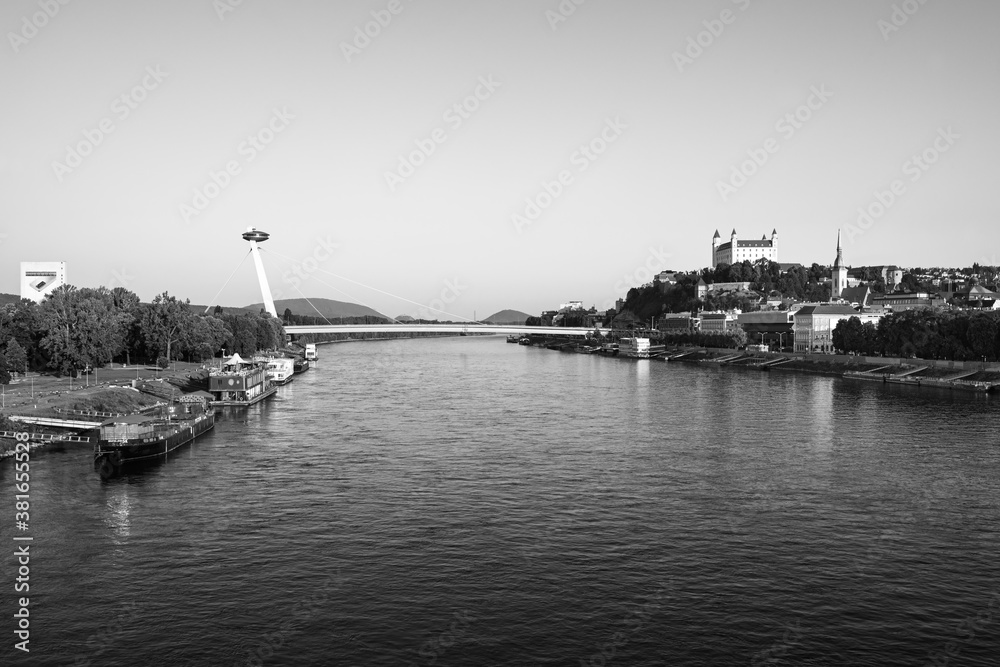 Bratislava castle over Danube river and Bratislava old town, Slovakia